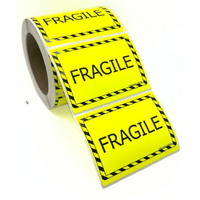100×75 FRAGILE Fluro Yellow Warning Label Roll Black Printed