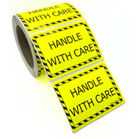 100×75 HANDLE WITH CARE Fluro Yellow Warning Label Roll Black Printed