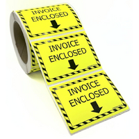 100×75 INVOICE ENCLOSED Fluro Yellow Warning Label Roll Black Printed