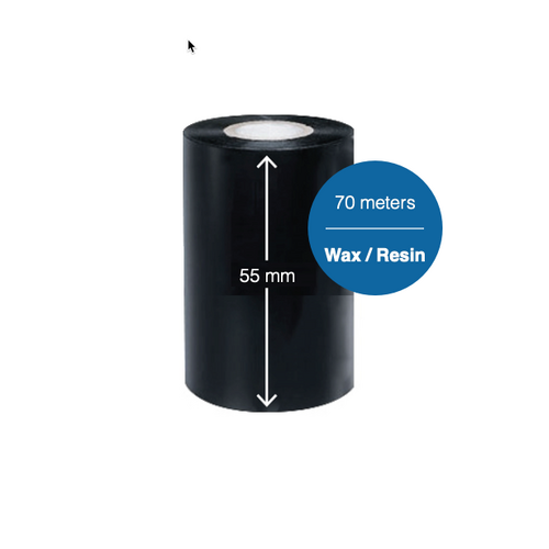 Black Wax Resin Ribbon 55mm x 70 meter - For 2 inch wide Desktop Label Printers (Box of 10)