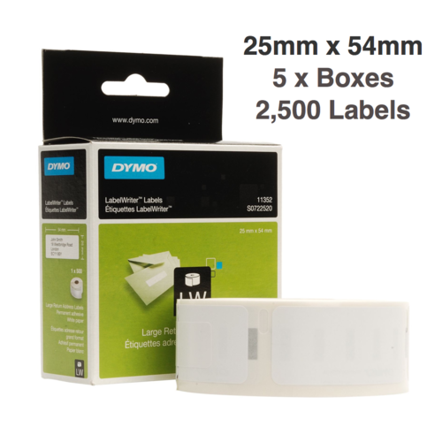 5 x Dymo Label Roll 25mm x 54mm (2500 labels)