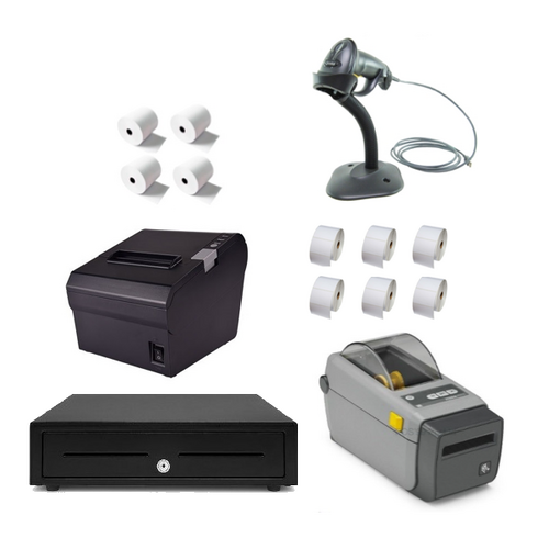 Retail Express Hardware Bundle - Thermal Receipt Printer, Zebra Label Printer, Cash Drawer, Corded Barcode Scanner, Labels, Paper Rolls