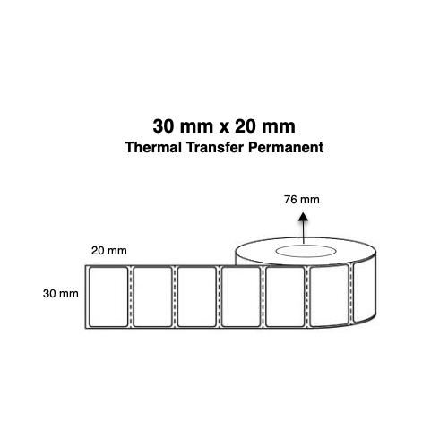 30mm x 20mm x 76mm Thermal Transfer Permanent Perforated (Rolls of 3,500)