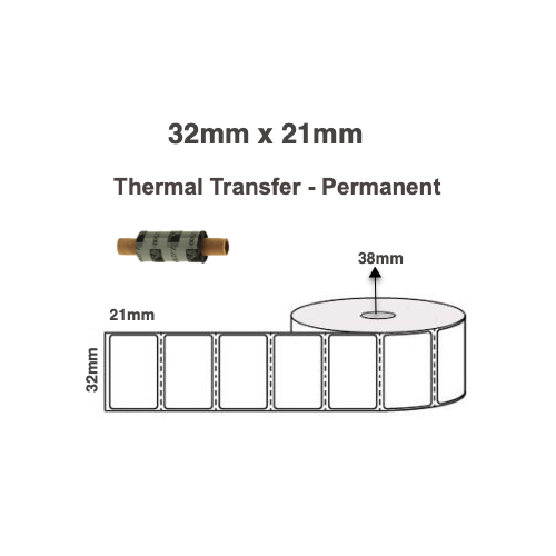 32mm x 21mm Thermal Transfer Labels ( 5 Rolls of 2,000 LPR, Permanent)