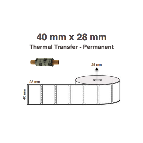 40mm x 28mm x 25mm Core Thermal Transfer Labels (5 Rolls of 2,000)  Permanent