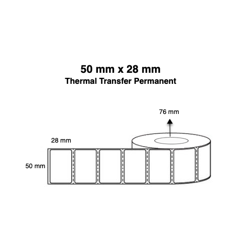50mm x 28mm x 76mm Thermal Transfer Permanent Perforated Rolls of 4,850)