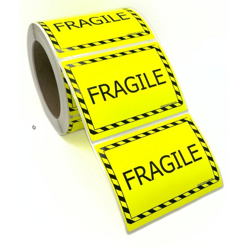 100×75 FRAGILE Fluro Yellow Warning Label Roll Black Printed