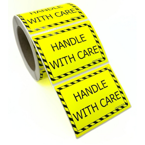 100×75 HANDLE WITH CARE Fluro Yellow Warning Label Roll Black Printed