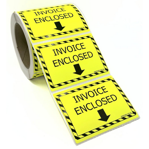 100×75 INVOICE ENCLOSED Fluro Yellow Warning Label Roll Black Printed
