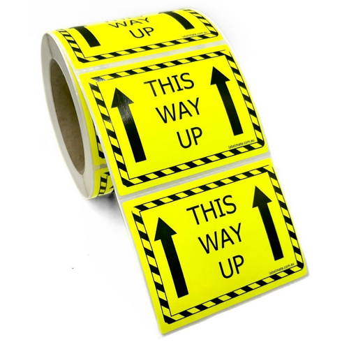 100×75 THIS WAY UP Fluro Yellow Warning Label Roll Black Printed