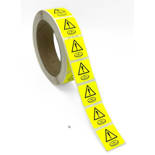 28x28 Button Battery Fluro Yellow Warning Label 1,000 Per Roll