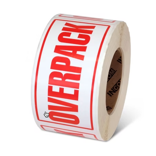 50x100 OVERPACK Warning Label Roll Red Printed W50100ROV 50mm X 100mm